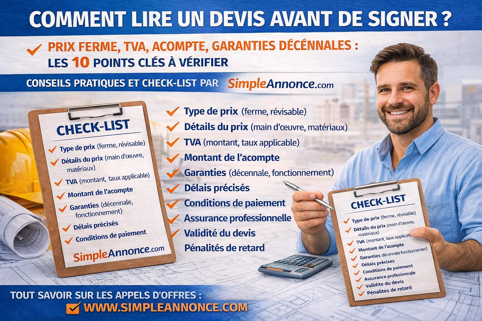 Comment lire un devis avant de signer ? Prix ferme, TVA, acompte, garanties décennales : les 10 points clés à vérifier. Conseils pratiques et check-list par SimpleAnnonce.