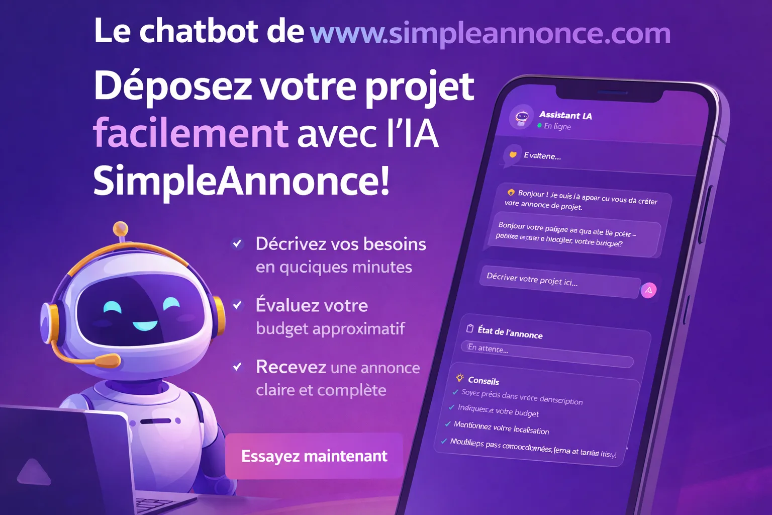 Déposez votre projet en quelques minutes grâce à l'assistant IA de SimpleAnnonce